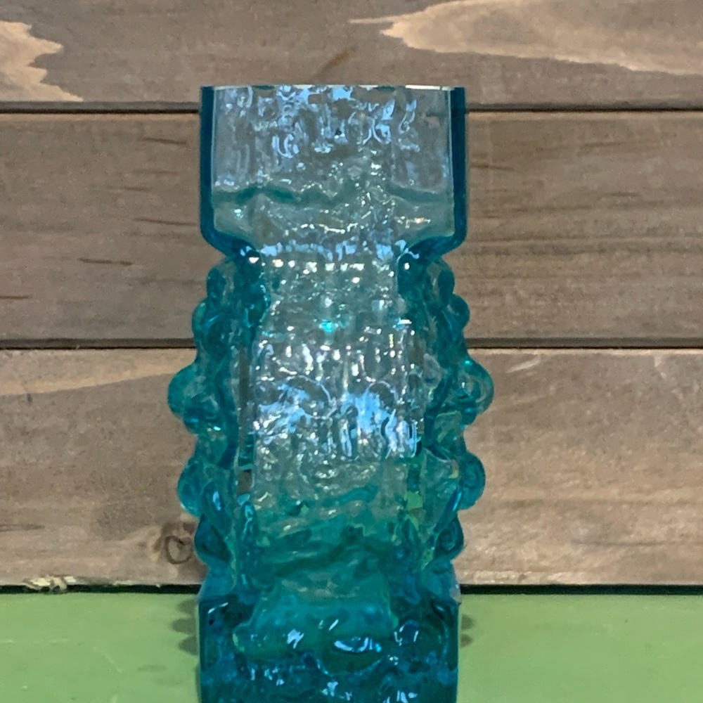 Sea Glasbruk Kosta Sweden Blue Texturized Blue Teal Wavy Art Glass Vase MCM - Picture 5 of 10
